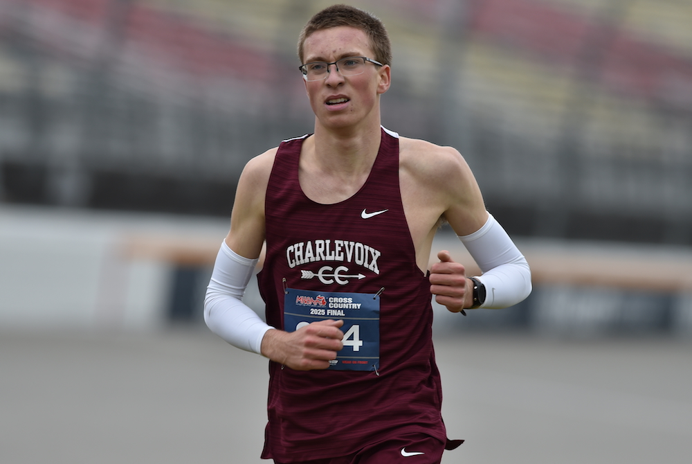Charlevoix’s Hunter Eaton approaches the finish line first in the Division 3 Final at Michigan International Speedway. 