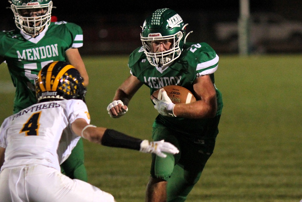 Mendon senior tailback Owen Gorham (20) nears the end zone during a 46-20 win over Climax-Scotts this fall. 
