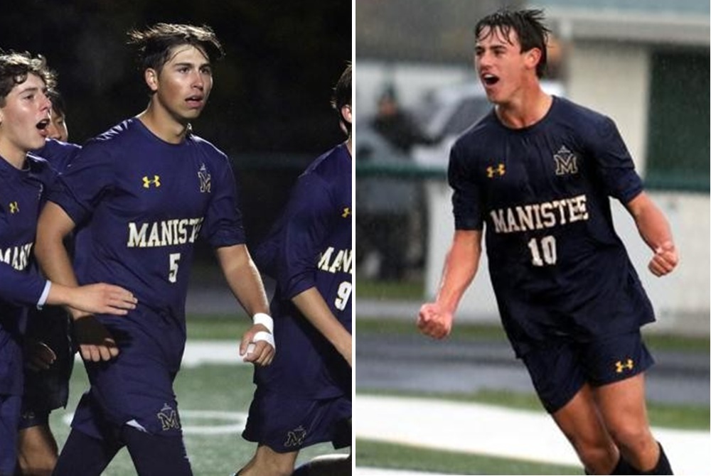 At left, Manistee’s James Jados (5) looks to his team’s bench after scoring the game-clinching goal in the Mariners’ Regional Semifinal win. At right, Max Scharp (10) celebrates his goal in the victory. 