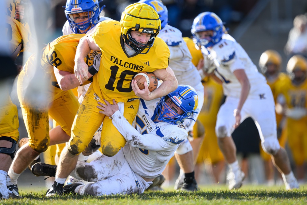 Ogemaw Heights senior quarterback Eion Jones runs for a first down during his team’s Division 5 District Final win over Kingsford on Saturday. 