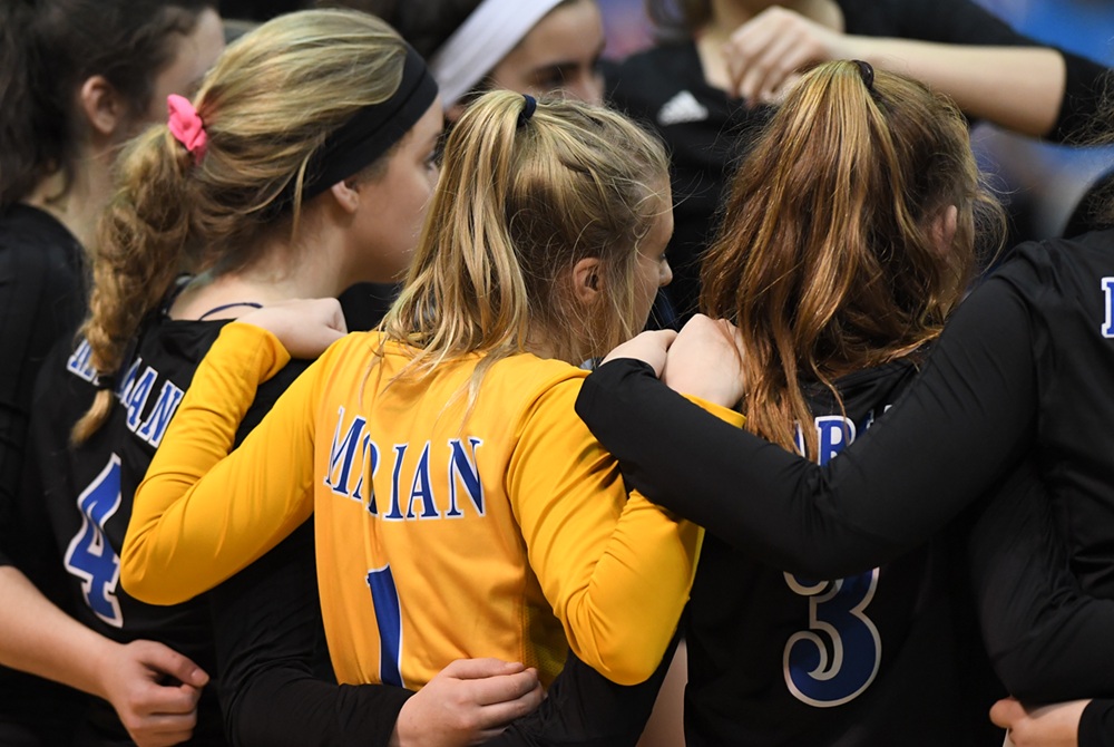 Marian players huddle during a break in the 2017 Division 1 championship match.