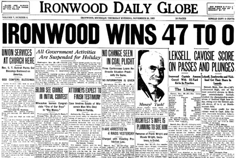 The Ironwood Daily Globe announces the local team’s win over Detroit Redford as the paper’s lead headline.