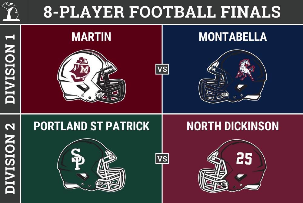 This graphic shows helmets of the four teams playing in the 8-Player Football Finals.