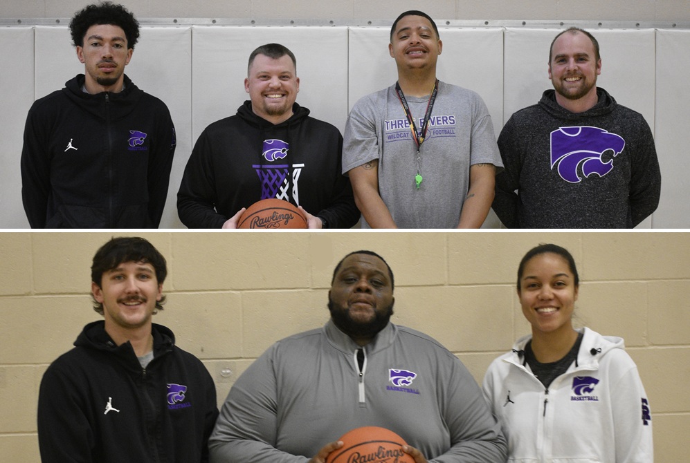 Above, the Three Rivers boys basketball coaching staff, from left to right: junior varsity coach Brenden Brown, head varsity coach Drew Bosma, varsity assistant Tirrell Hausmanis and freshman coach Thomas O'Dell. Below, the girls basketball coaching staff, also from left to right: varsity assistant Parker Ellifritz, head varsity coach Michael Morrison and junior varsity coach Olivia Hancock. 