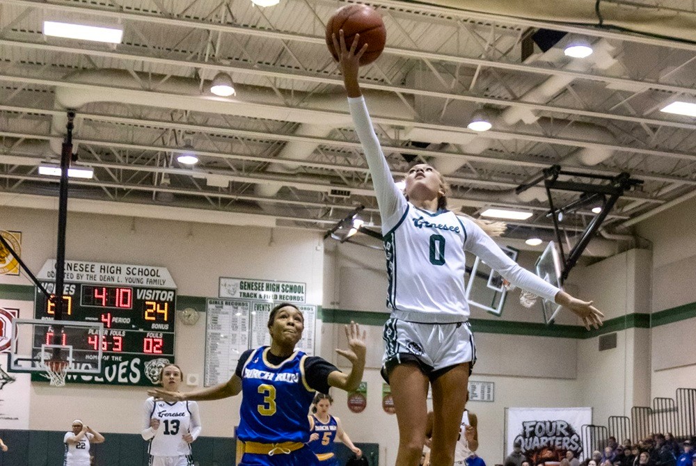 Genesee’s Averie Zinn (0) gets to the rim during her team’s 71-30 win over Birch Run on Dec. 22.