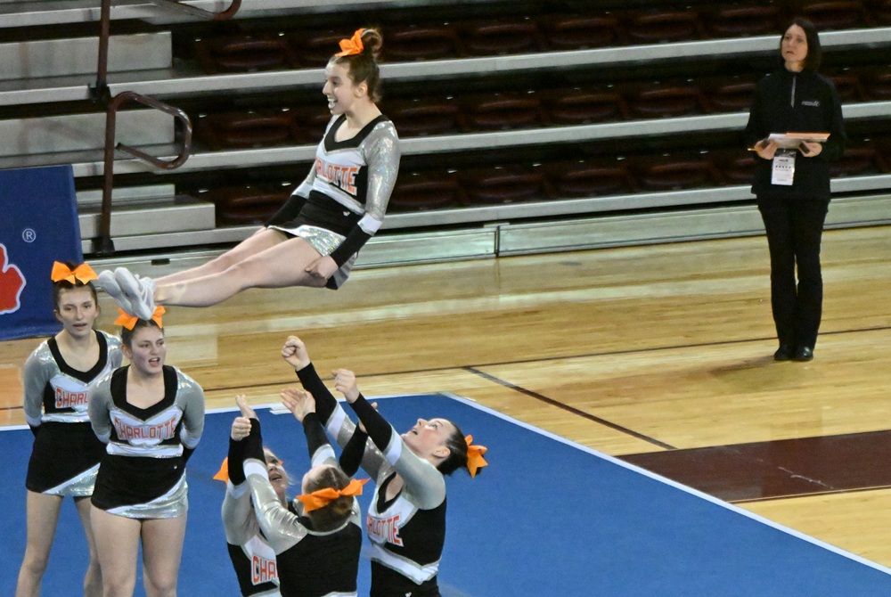 A judge monitors a Charlotte routine during the 2025 MHSAA Finals. 