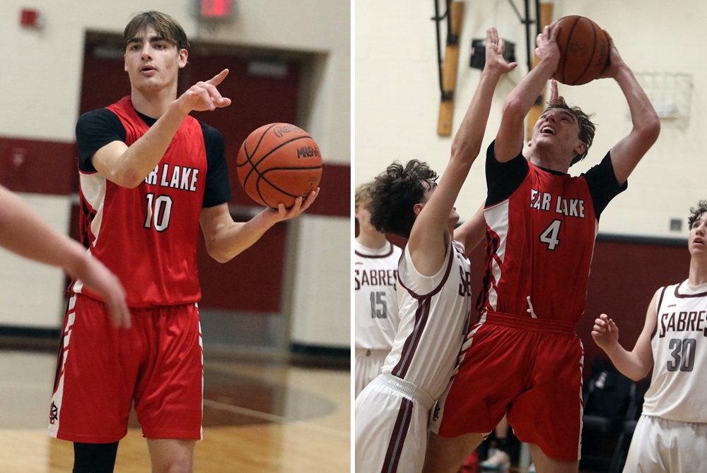 Grady Harless (10) brings the ball up for Bear Lake against Traverse City Christian, while Myles Harless (4) puts up a shot against the Sabres.