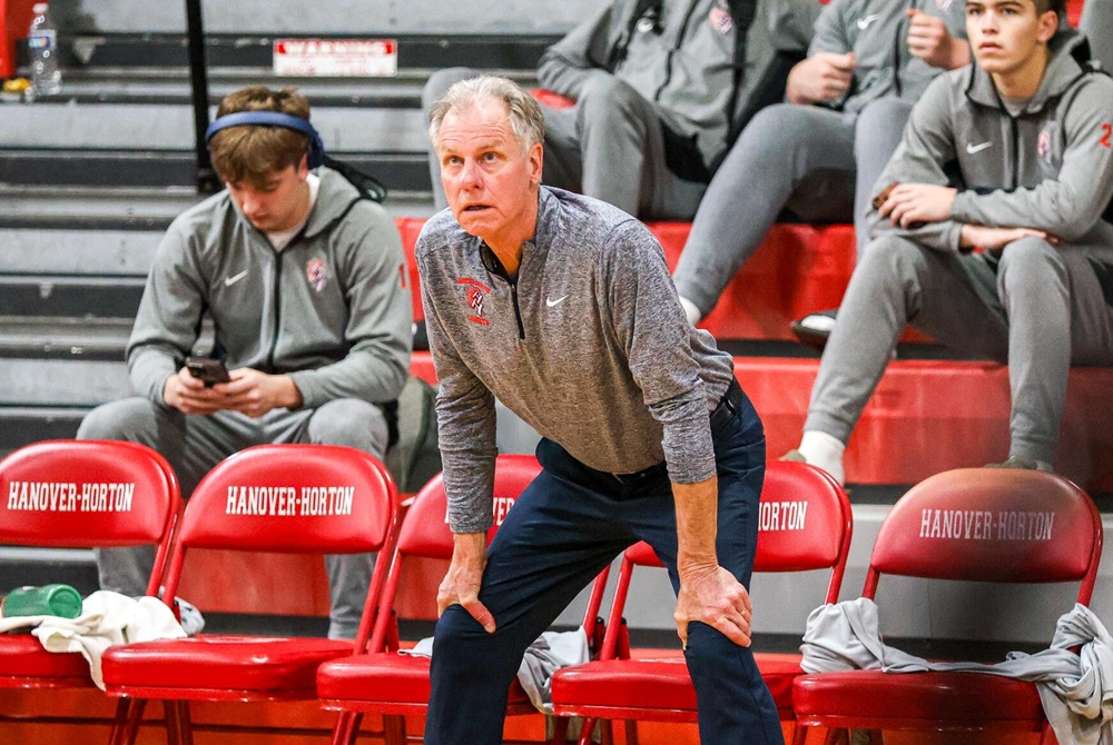 Hanover-Horton girls basketball coach Joe Lusk monitors the action during a game this season.