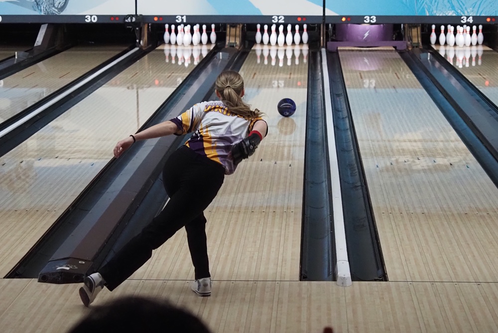 A bowler follows her shot during the 2025 MHSAA Finals.