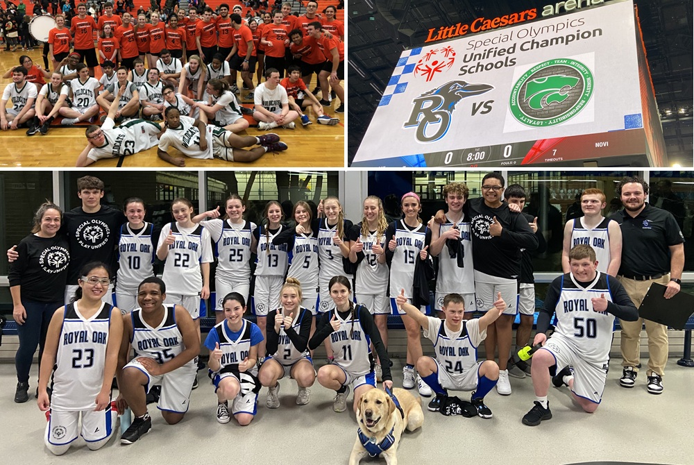 This collage shows posed photos of three Unified Sports teams and the Little Caesars Arena scoreboard announcing a Unified game to be played there..