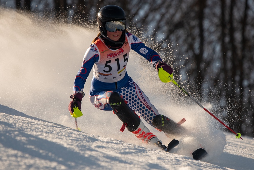 This is a photo of a skier racing during a past MHSAA Finals. 