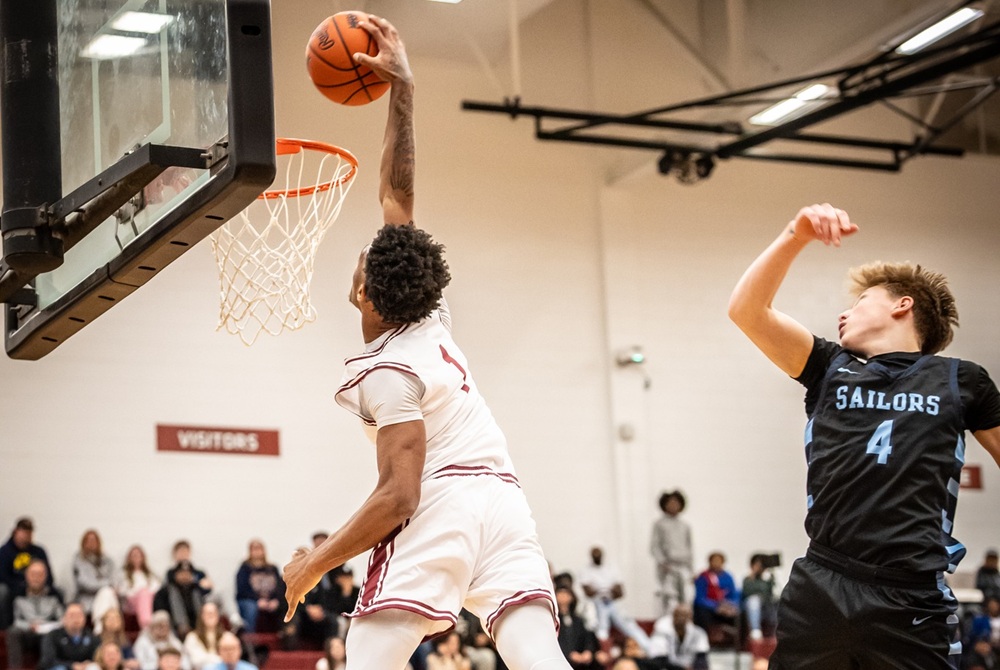 Muskegon’s James Martin throws down a dunk against Muskegon Mona Shores during a Jan. 30 win.