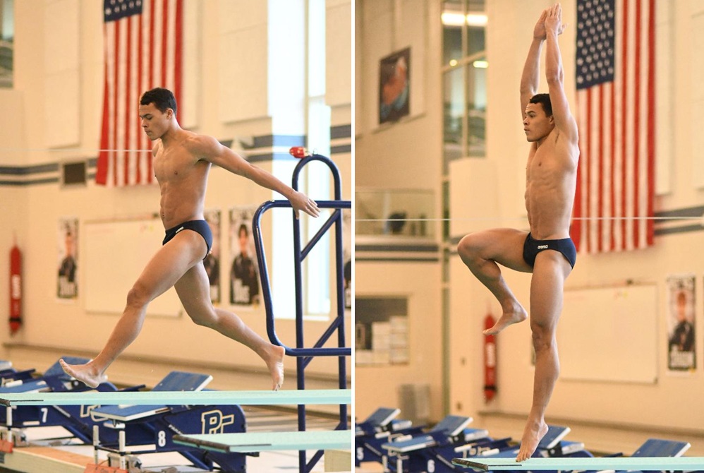 Portage Central’s Von Dawson begins a dive at his home pool.