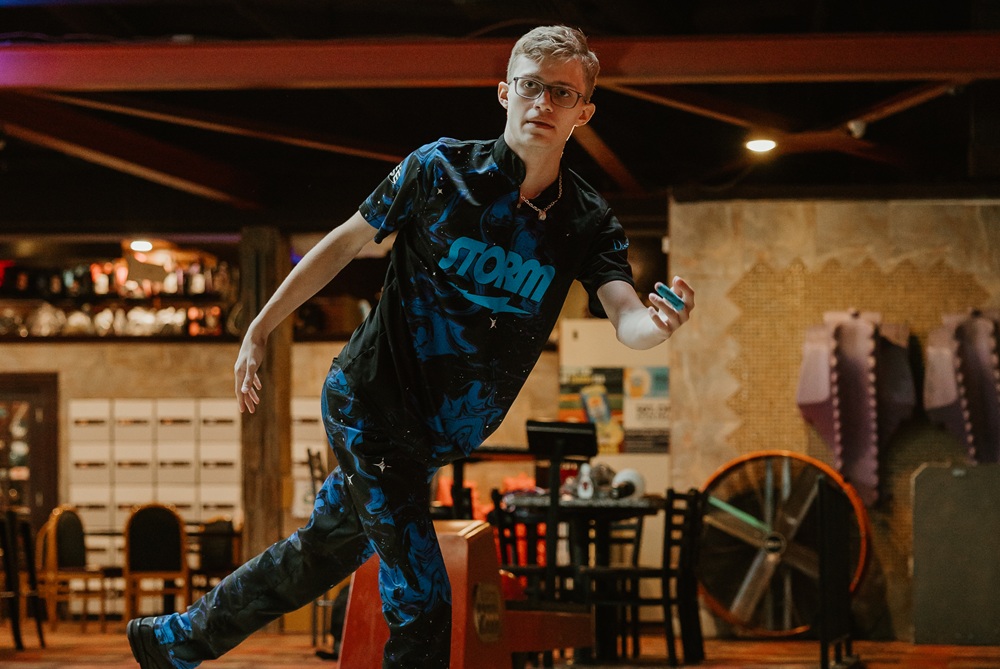 Devin Patrick holds his follow-through while bowling. 