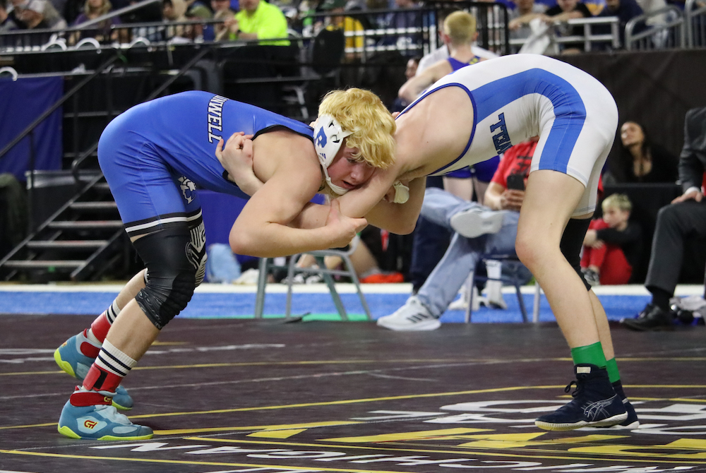 Plainwell's Dylan Nieuwenhuis, left, wrestles teammate Tyler Cooper for a Division 2 championship Saturday. 
