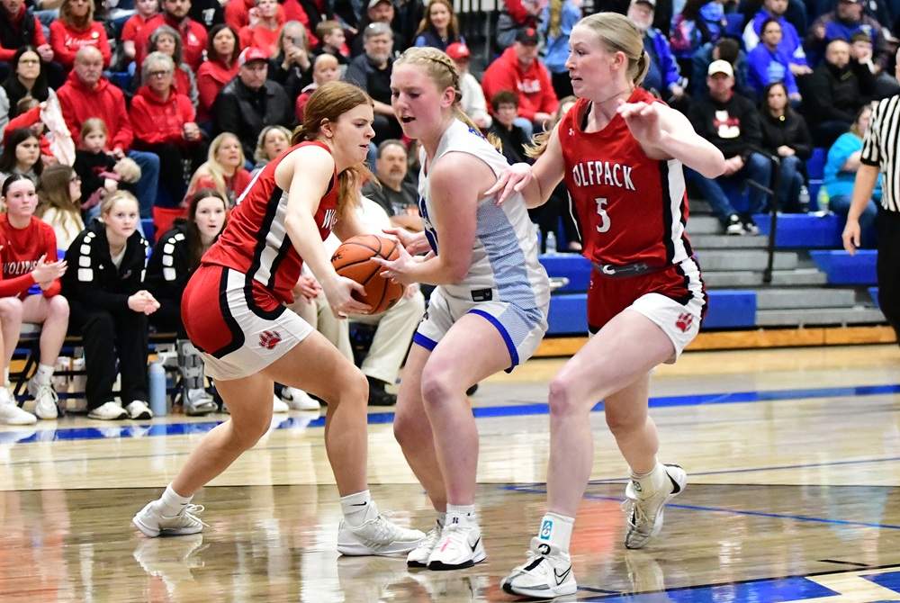 Laingsburg’s Mallory Woodbury (10) pulls away the ball and Harper Strouse (5) also defends during the Wolfpack’s 40-23 Division 3 District Final win over Bath on Friday.