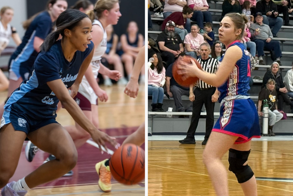 At left, Mackinaw City’s Kerry-Ann Ming pushes the ball upcourt, and at right, teammate Liz Kruczynski considers her options on offense. 