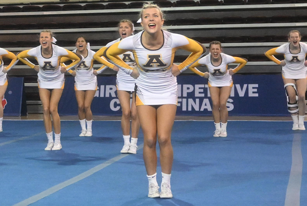 Libby Schultz stands front and center in Rochester Adams’ formation during the team’s Round 3 routine at this season’s Division 1 Finals at Central Michigan University. 