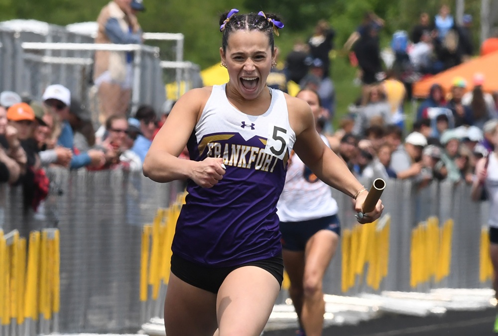 Frankfort's Sofia Alaimo Schindler crosses the finish line first in anchoring her 800 relay to last season's Division 4 championship. 