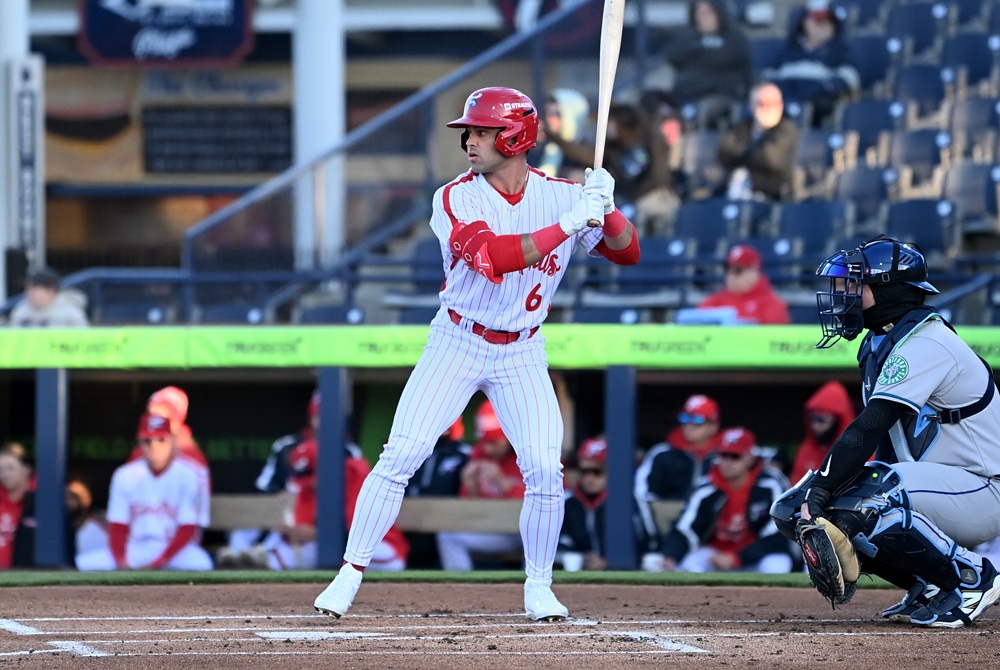 Dante Nori (6) stands in for the next pitch during an at bat for the Reading Fightin Phils this spring.