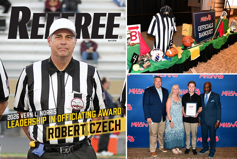 This collage shows a Referee Magazine cover made to honor football official Bob Czech, a photo of the state at the annual MHSAA Officials Awards & Alumni Banquet, and a photo of Legacy scholarship winner Owen Rottier after receiving his award.. 