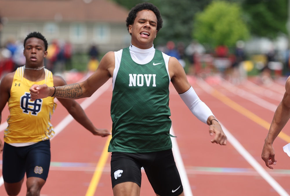 Novi’s Chance McNeill crosses the finish line during last season’s 100-meter championship race at the LPD1 Finals.