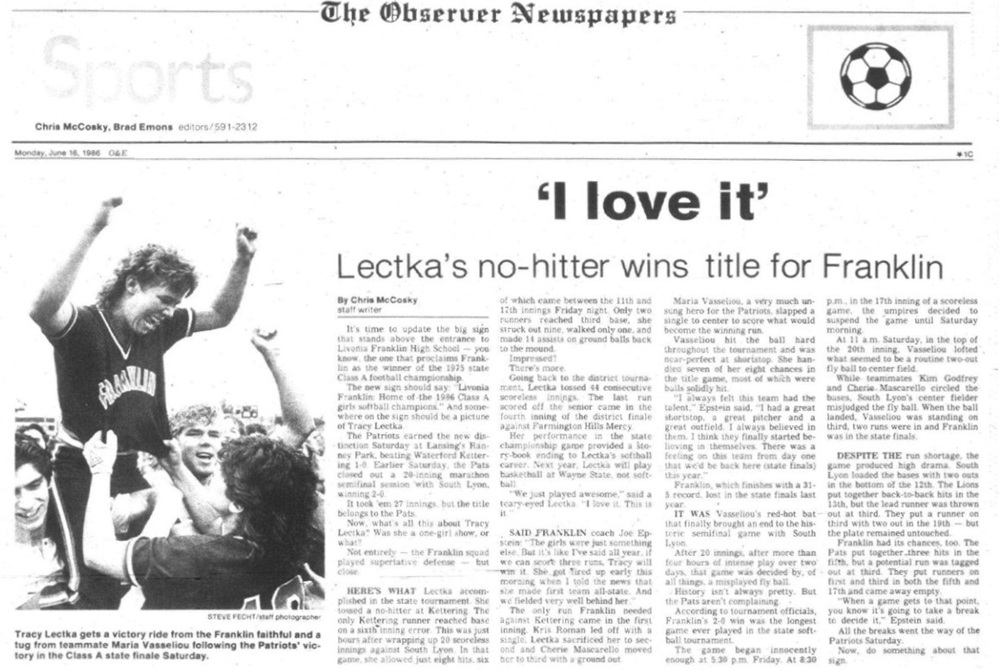 The Observer reported on Livonia Franklin’s 1986 Class A championship, including a memorable photo.