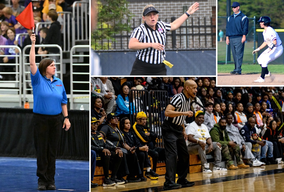 This collage includes photos of a volleyball line judge holing up a flag, a basketball official monitoring action on the floor, a softball official watching a pitch from the infield and a lacrosse official making a call.