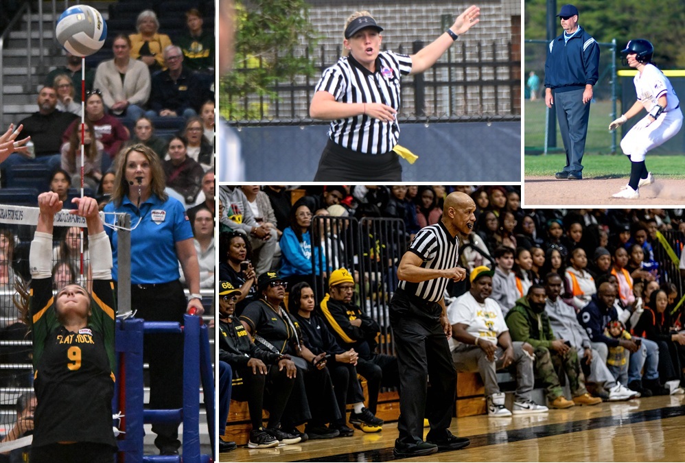This collage includes photos of officials working in volleyball, lacrosse, softball and basketball.