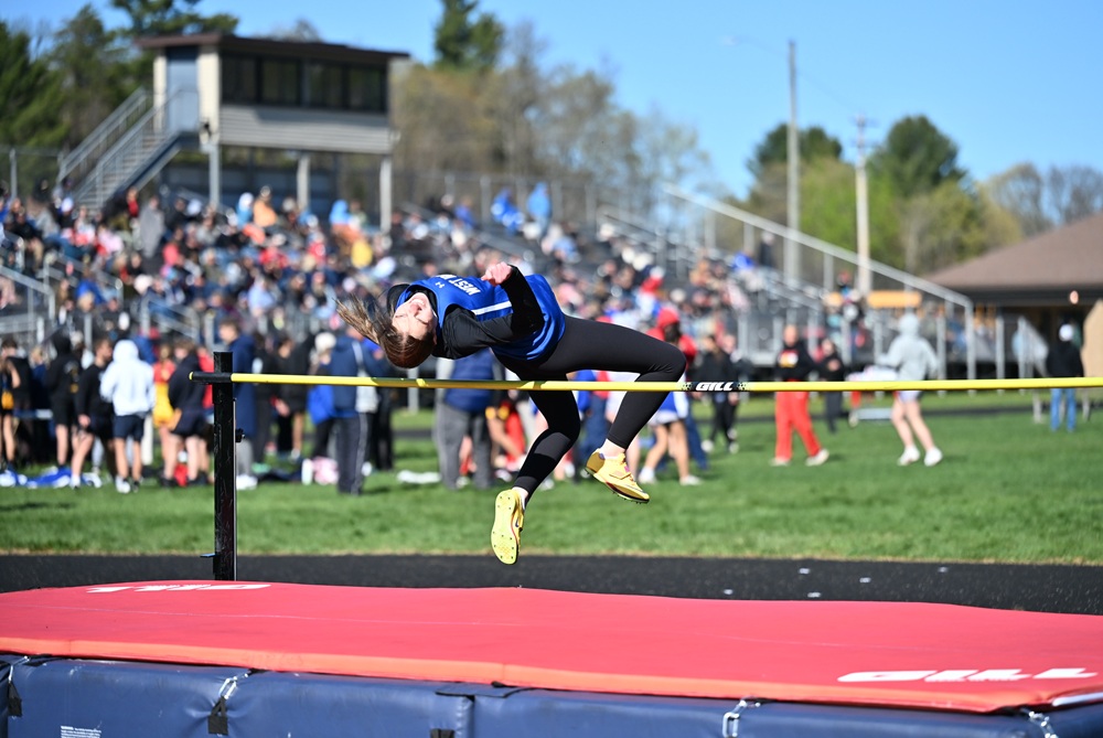 West Iron County's Bristol Shamion wins the high jump with a jump of 5-0 during the Western Peninsula Athletic Conference championship meet May 20. 