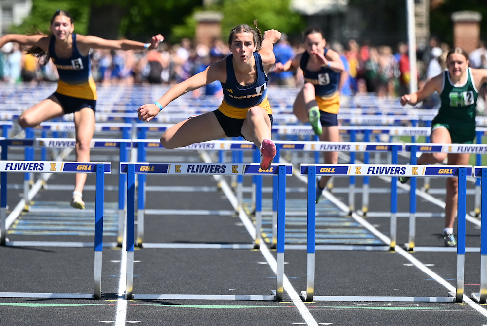 egaunee's Sadie Rogers, center, leads and eventually wins the 100 hurdles Saturday.