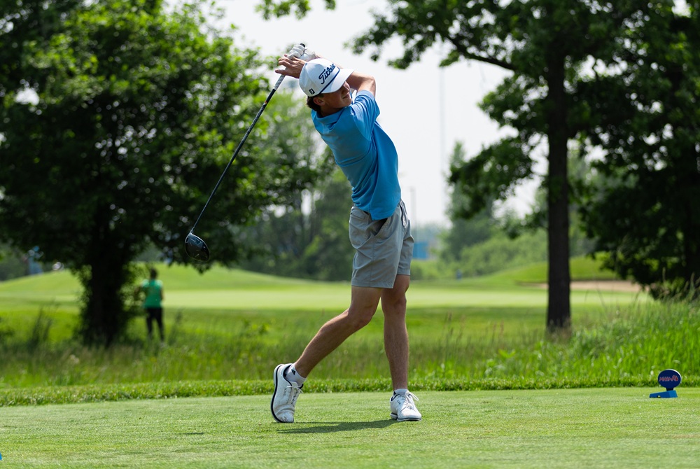 Essexville Garber’s Devin Dueweke tees off during last season’s Lower Peninsula Division 3 Final.