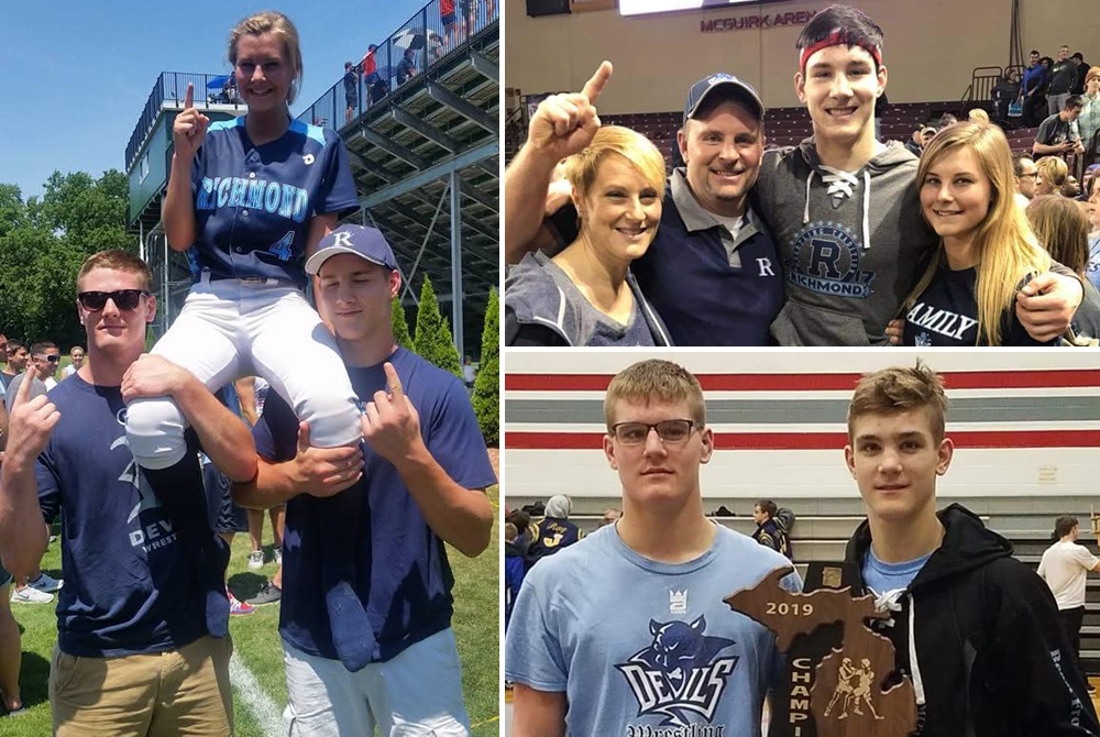 Clockwise from left: Jake and Colton McKiernan hoist sister Raechel onto their shoulders while celebrating her softball team’s 2016 Finals championship. Parents Jodi and Kevin McKiernan pose for a photo with Colton and Raechel after Colton’s team won a wrestling title in 2017. Danny and Kevin pose for a trophy photo in 2019.