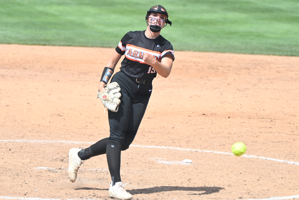 Armada’s Megan Cox fires a pitch toward the plate during her team’s Semifinal win over Stevensville Lakeshore on Thursday. 