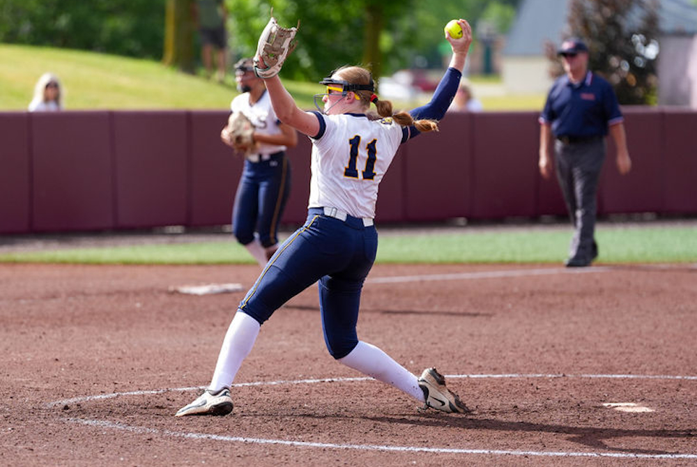Lorelei Chciuk makes her move toward the plate during Tuesday's Quarterfinal win at CMU. 