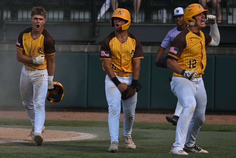 Rochester Adams players celebrate after crossing the plate during Friday’s Semifinal win over Brownstown Woodhaven.
