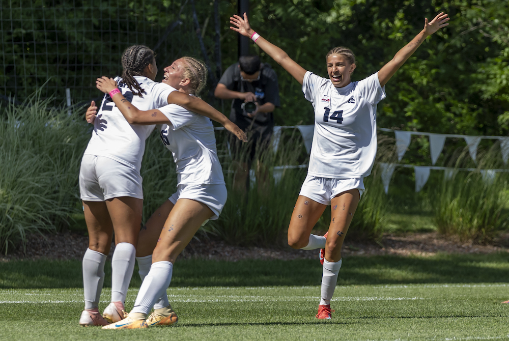 Unity Christian’s Kiersten Witte (14), Marlie Moelker (15) and Myla Obande (24) celebrate during their team’s Division 3 Final victory Saturday. 