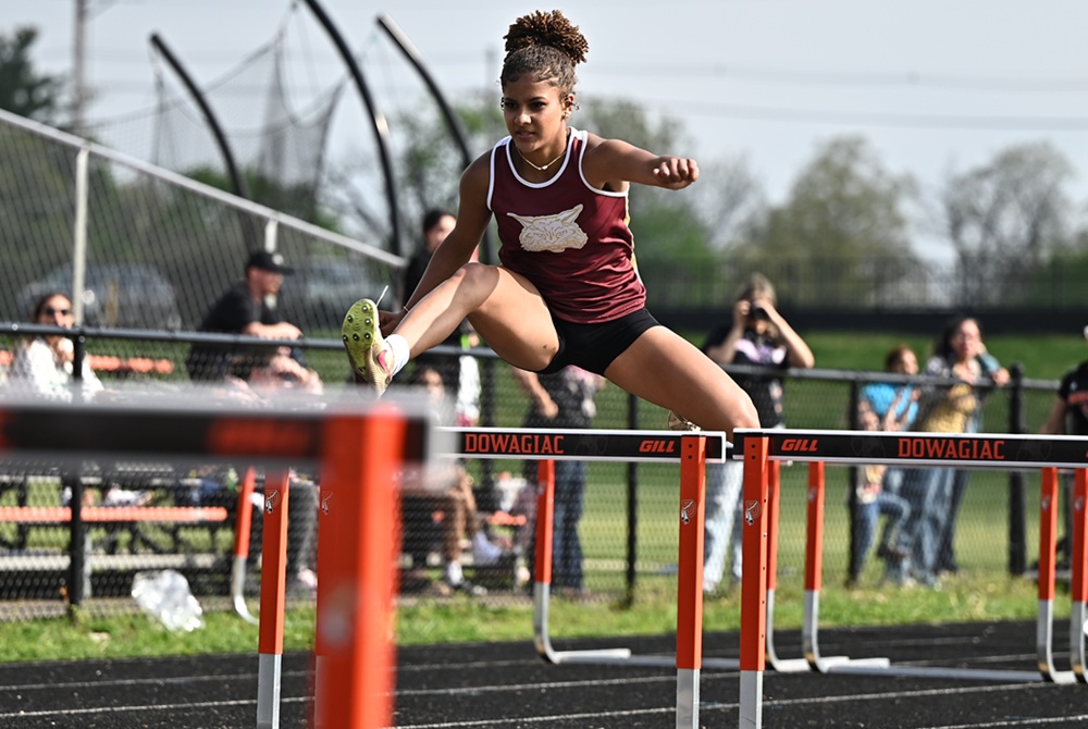 Niles Brandywine junior hurdler Lily Gill attacks a hurdle during one of her races this season. 