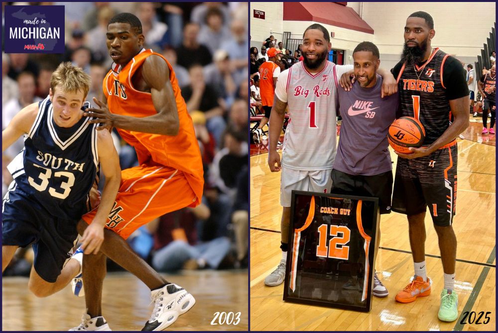 At left, Muskegon Heights’ Eddie Spencer (1) defends during the 2003 Class B Final against Grand Rapids South Christian; at right, Spencer (far right) stands for a photo at last year’s Hoop City alumni event with former coach Keith Guy and past Muskegon High standout DeShaun Thrower. 