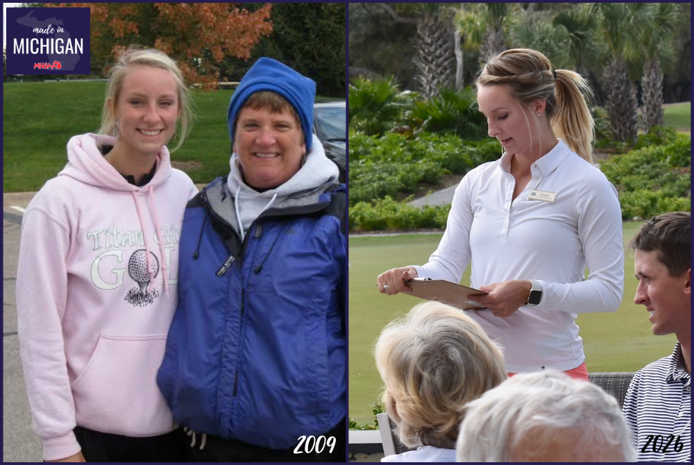 At left, Gaby (Muller) Gillis poses for a photo with her Traverse City West coach Cathy Coon during her senior season in 2009. At right, Gillis now serves as a golf pro at John’s Island Club in Vero Beach, Fla. 