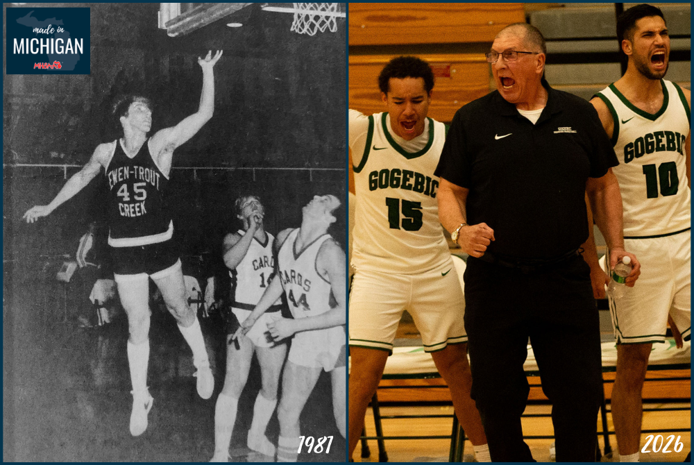 At left, Dennis Mackey (45) gets up a shot for Ewen-Trout Creek against Wakefield as a senior during the 1980-81 season. At right, Mackey coaches up his Gogebic Community College men’s basketball team this past summer. 