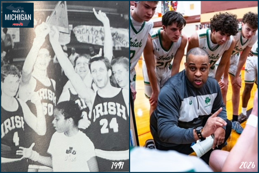 At left, fifth-grader Kevin White celebrates with the Hackett boys basketball team in 1991. At right, White huddles with his players this past season while serving as an assistant with the Irish varsity.