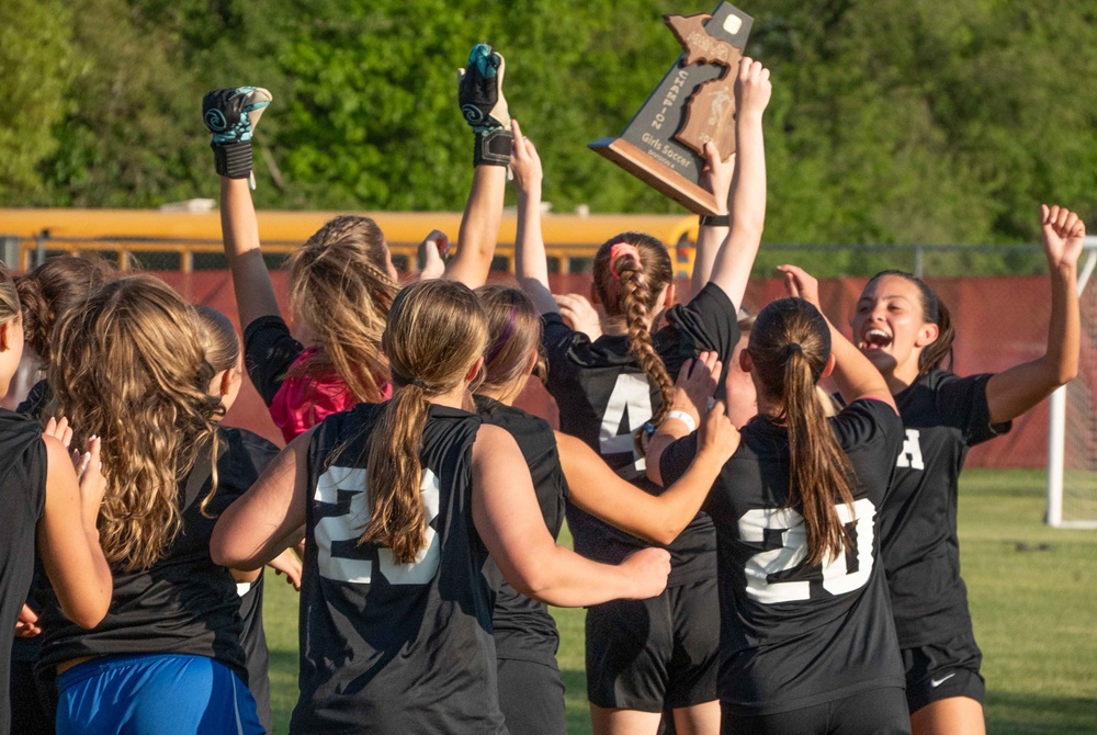 Bath players, including the Schneider sisters Emily (20) and Isabella (23), celebrate their District championship win May 31. 