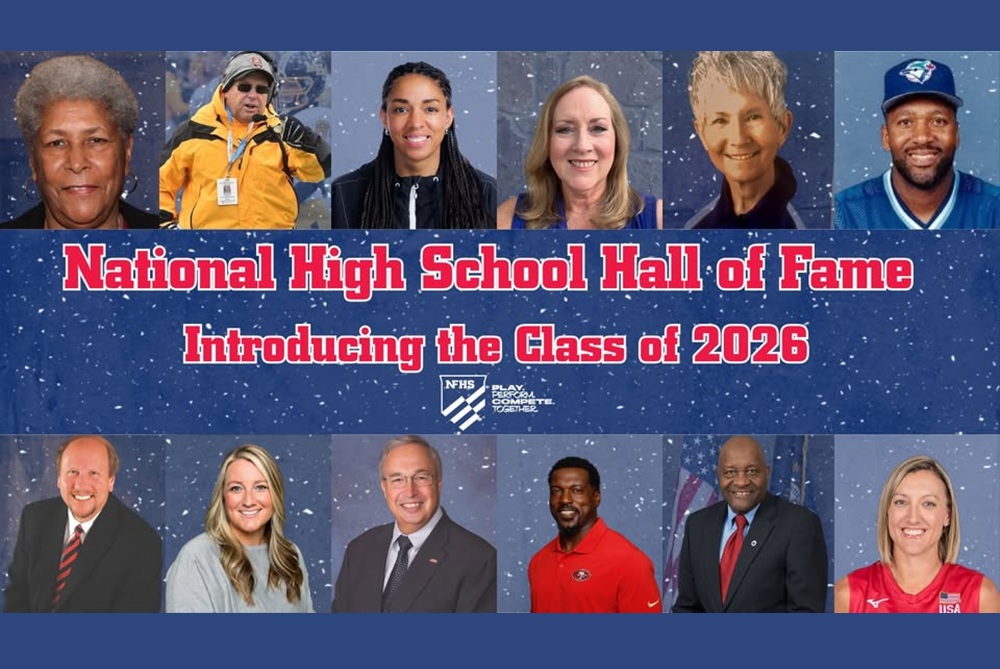 The graphic shows headshots of the 12 NFHS Hall of Fame inductees from 2026. 