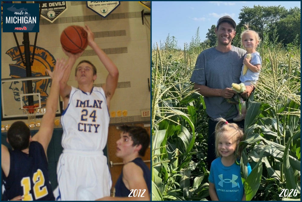 At left, Matt Van Dyk puts up a jumper for Imlay City. At right, Van Dyk and his daughters enjoy a moment in one of his family’s fields. 