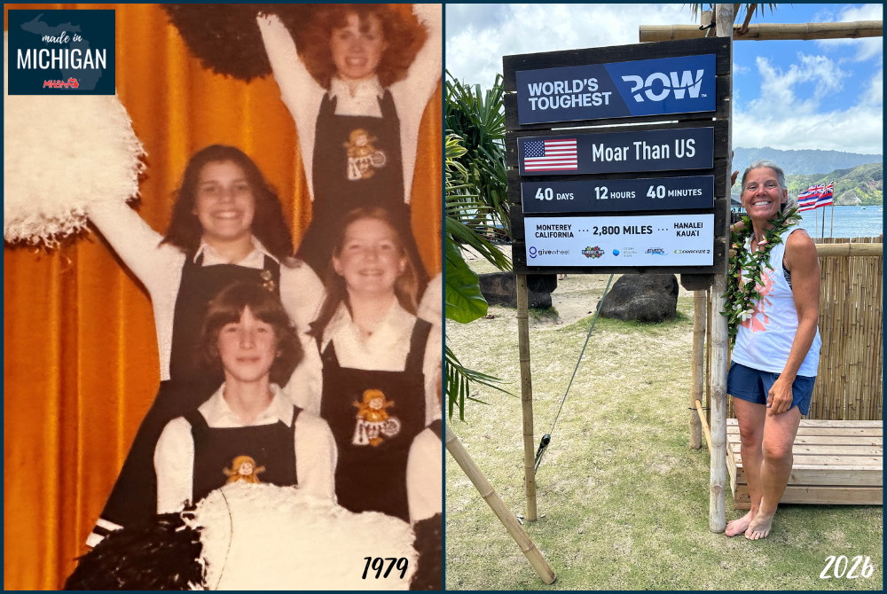 At left, Julie Bennett stands in formation with her Glen Lake cheer team in 1979. At right, Bennett stands next to a sign explaining the accomplishment after completing the Pacific Ocean crossing with her crewmates.