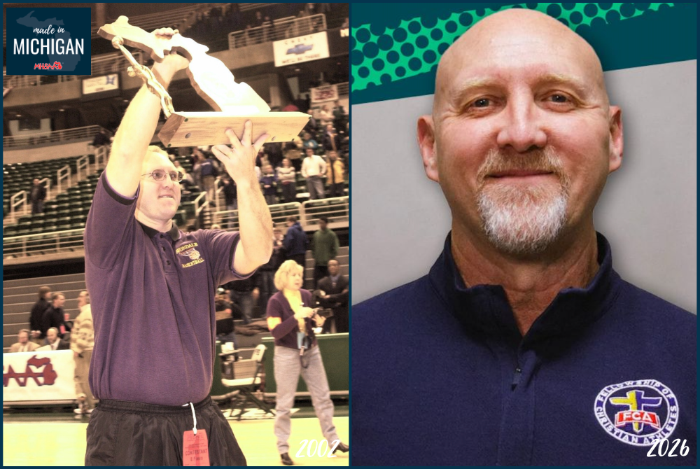 At left, Tim Morton raises the Class B championship trophy in 2002. At right, Morton now.