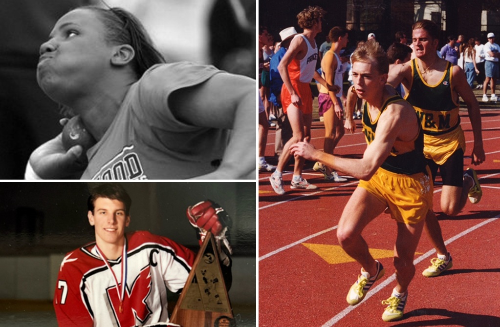 Clockwise from top left: East Kentwood’s Tia Brooks-Wannamacher prepares to launch the shot. Brian Hyde (front) takes a relay handoff for William & Mary. Mike Knuble holds up one of the many trophies the Falcons earned during his time on the ice. 