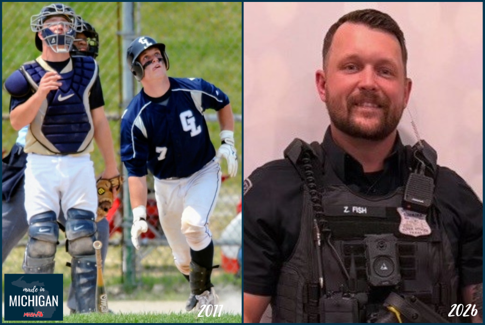 At left, Gull Lake's Zach Fish follows a drive during his senior season in 2011, and at right Fish is now an officer in Granbury, Texas. 