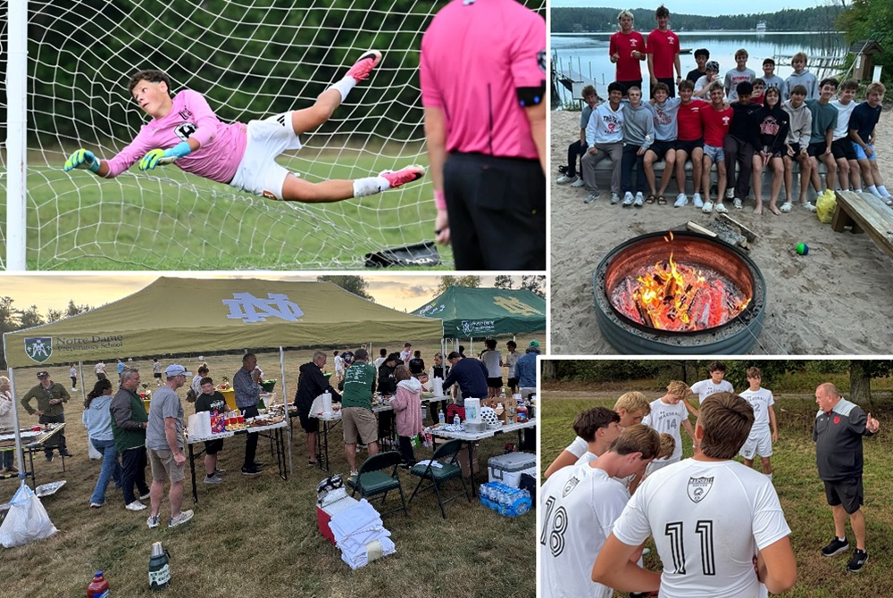 Clockwise from top left: Harbor Springs keeper Turner Schultz dives to his right to stop a shot. Monroe players enjoy some time by the fire. Marshall players and their coach huddle during a break in their tournament schedule. Pontiac Notre Dame Prep supporters tailgate.